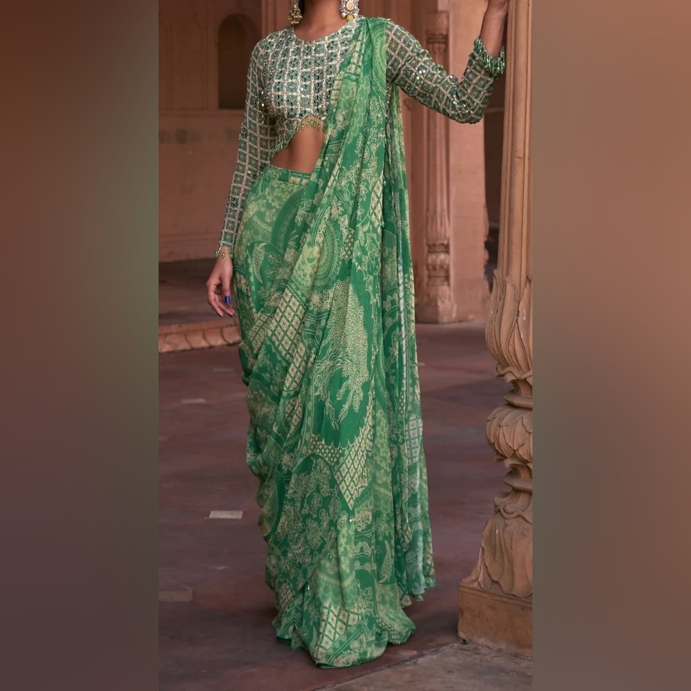 Green Pre-Draped Print Saree